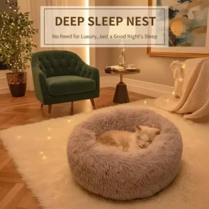 Small dog and cat sharing cozy donut pet bed together