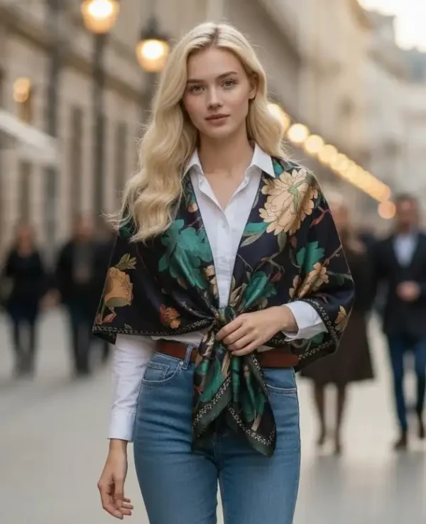Elegant woman wearing a pure silk scarf