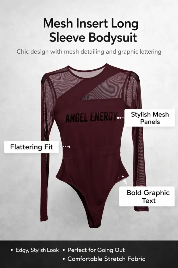 Romantic sheer bodysuit for a date night, with elegant pleated mesh detailing.