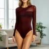 Live stream showcase product: Wholesale best-selling black mesh bodysuit on model.