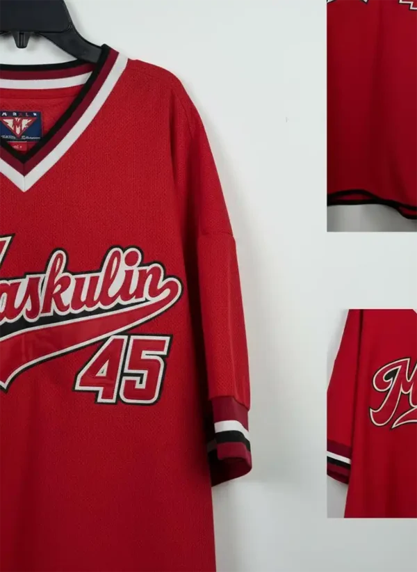 Side angle view of classic v-neck fit on athletic performance t-shirt